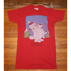 Vintage 80s One Size Red Christmas Long Sleep TShirt Tis Season Be Squeezin Dogs